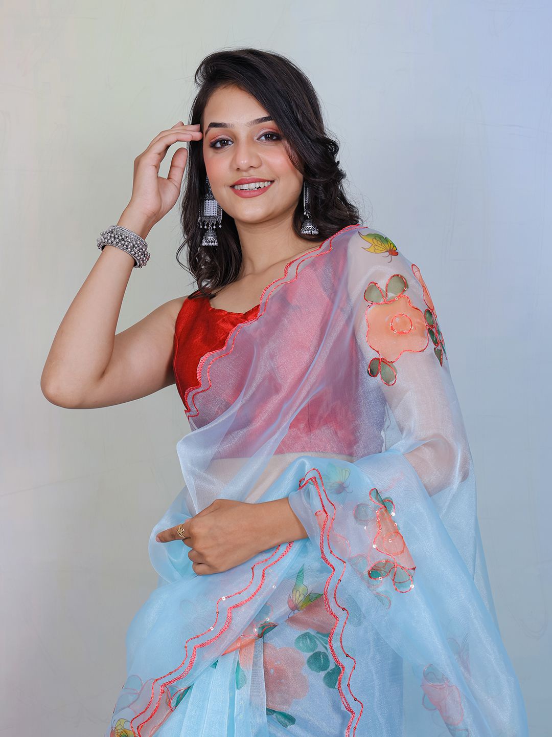

Ishin Floral Embroidered Organza Saree, Blue
