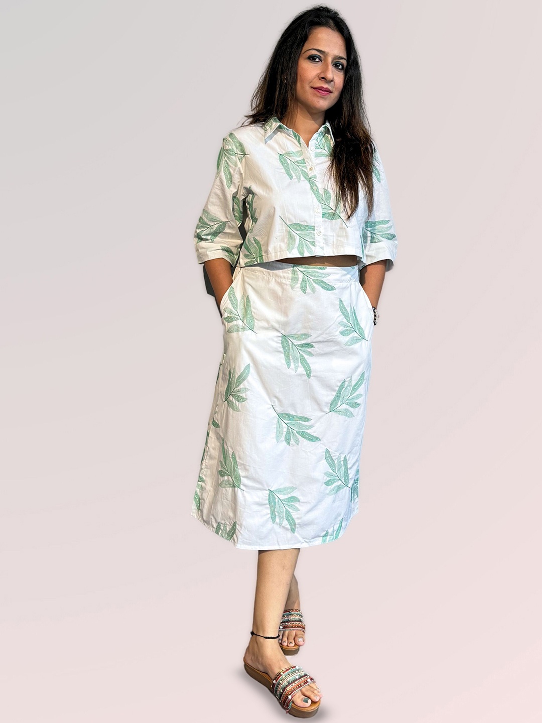 

CUSTARD Embroidered Shirt Collar Pure Cotton Top & Skirt, White