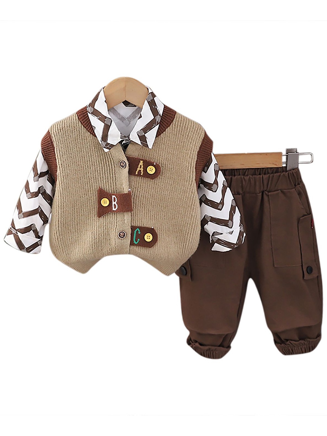 

StyleCast x Revolte Kids Printed Pure Cotton Shirt with Trousers & Waistcoat, Brown