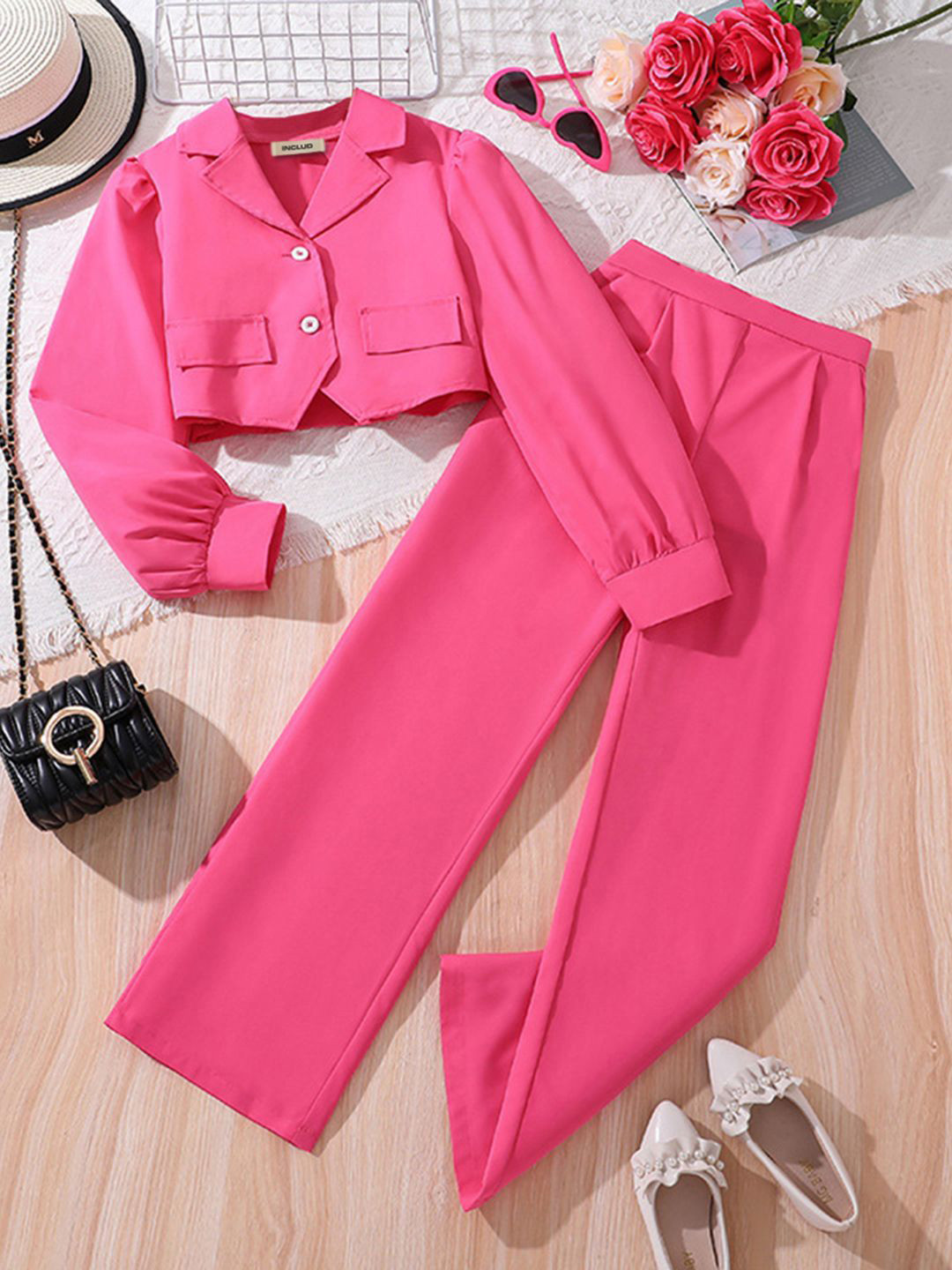 

INCLUD Girls Lapel Collar Neck Long Sleeves Cotton Blend Coat With Trousers, Pink