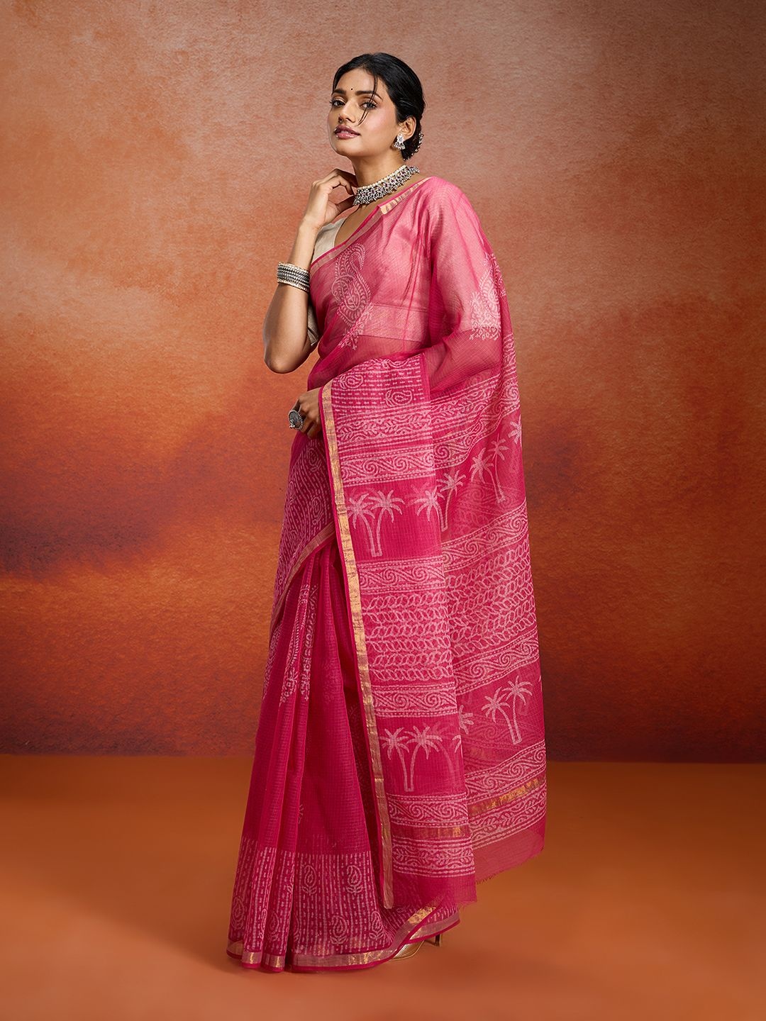 

Likha Ethnic Motifs Zari Pure Cotton Kota Saree, Pink