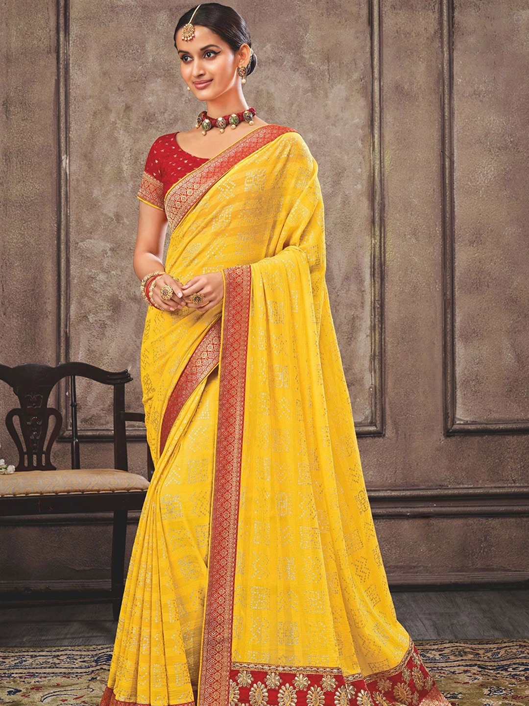 

Laxmipati Women Bandhani Embroidered Zari Embellished Saree, Yellow