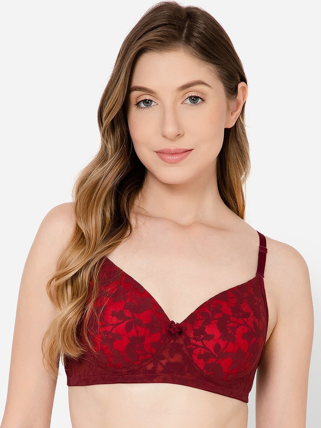 

Clovia Floral Printed Full Coverage Lightly Padded Bra, Red