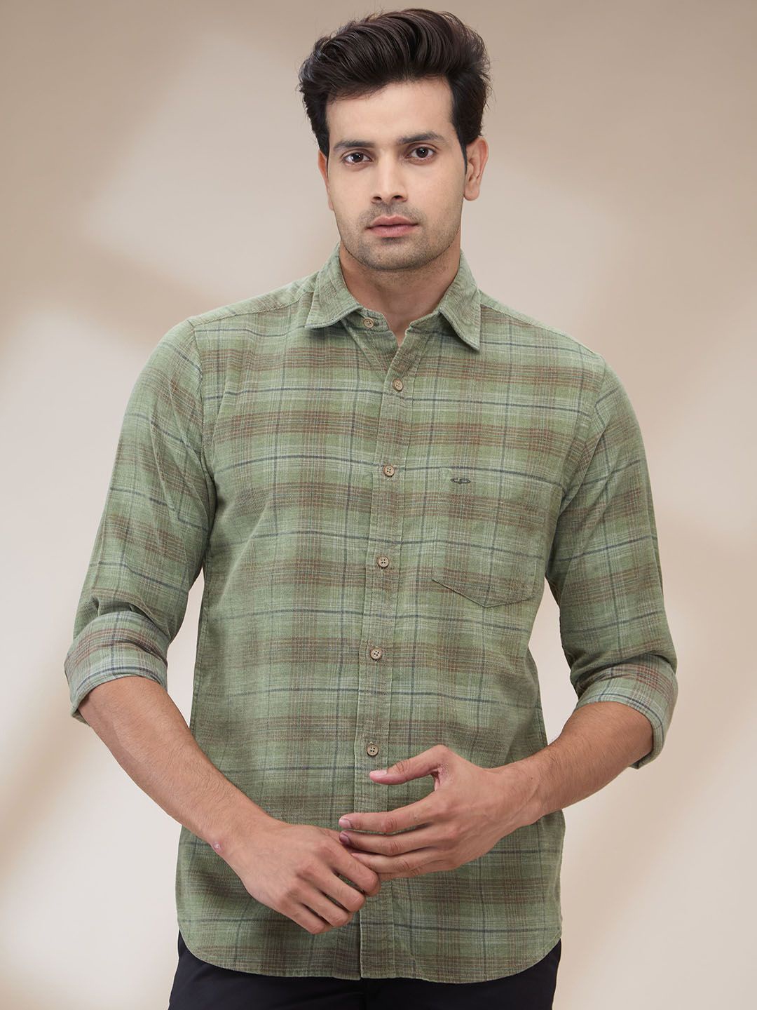 

ColorPlus Men Spread Collar Tartan Checked Cotton Casual Shirt, Green