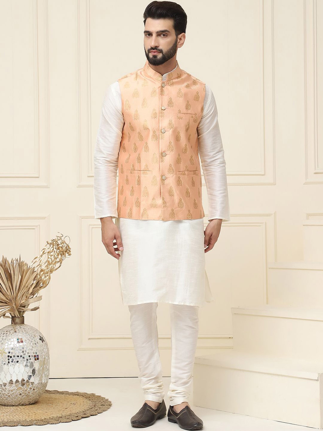 

SOJANYA Mandarin Collar Silk Cotton Straight Kurta with Churidar & Nehru jacket, Cream