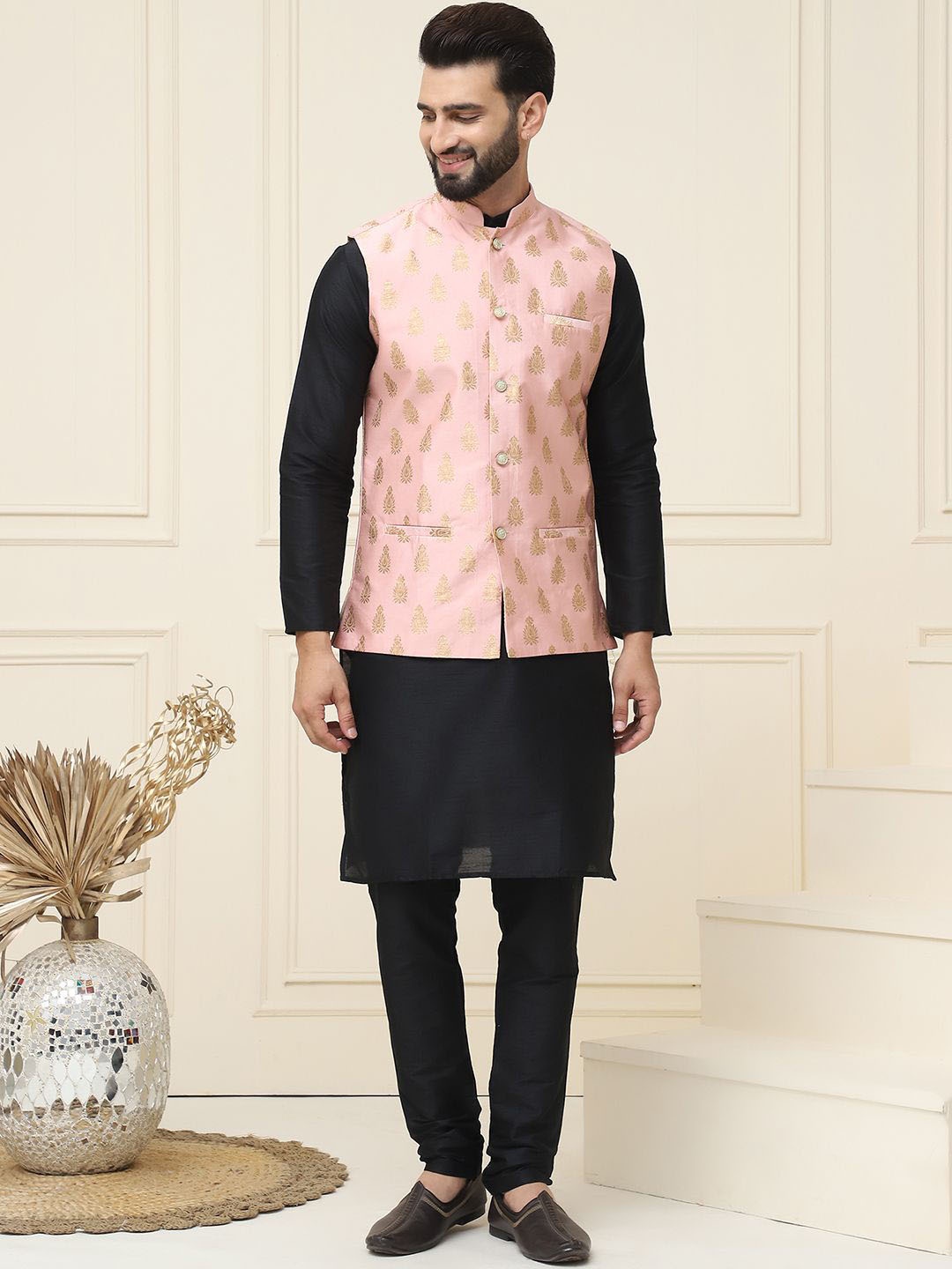 

SOJANYA Mandarin Collar Kurta With Churidar & Nehru jacket, Black