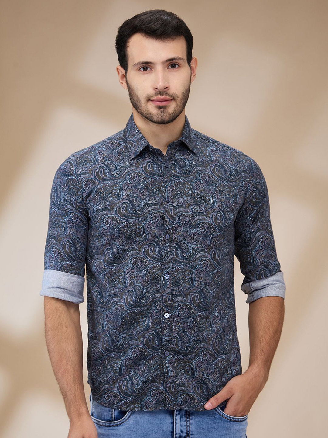 

Parx Men Spread Collar Floral Printed Cotton Slim Fit Casual Shirt, Blue
