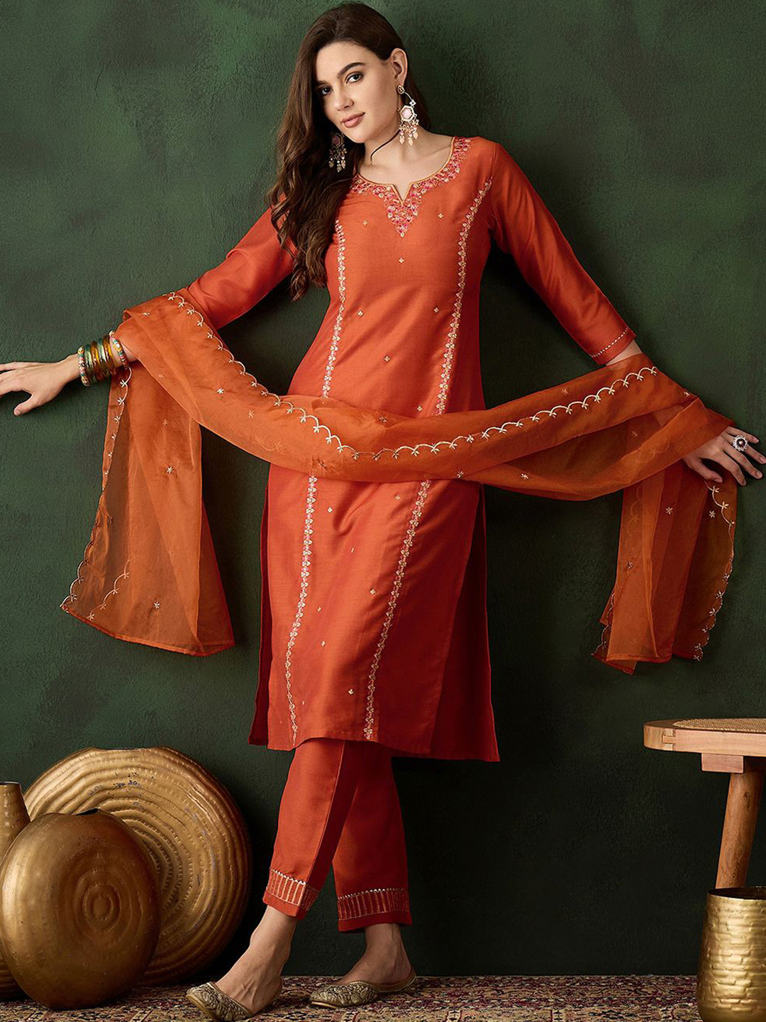 

Sangria Floral Embroidered Sequinned Straight Kurta & Trouser With Dupatta, Orange