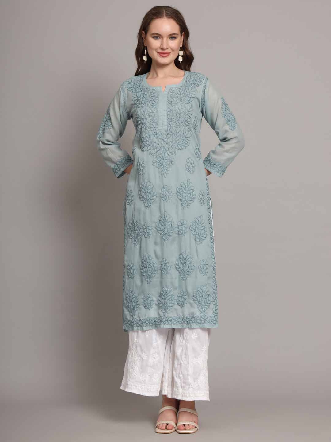 

The Chikan Label Floral Embroidered Chikankari Floral Cotton Straight Kurta, Grey