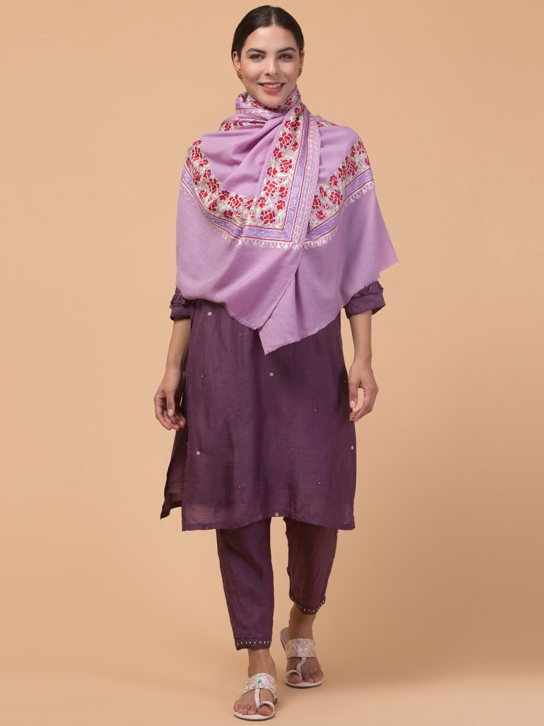 

Tweedle Floral Kashmiri Embroidered Woollen Shawl, Purple