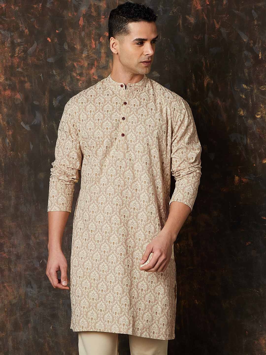 

Melange by Lifestyle Ethnic Motifs Printed Band Collar Cotton Straight Kurta, Beige