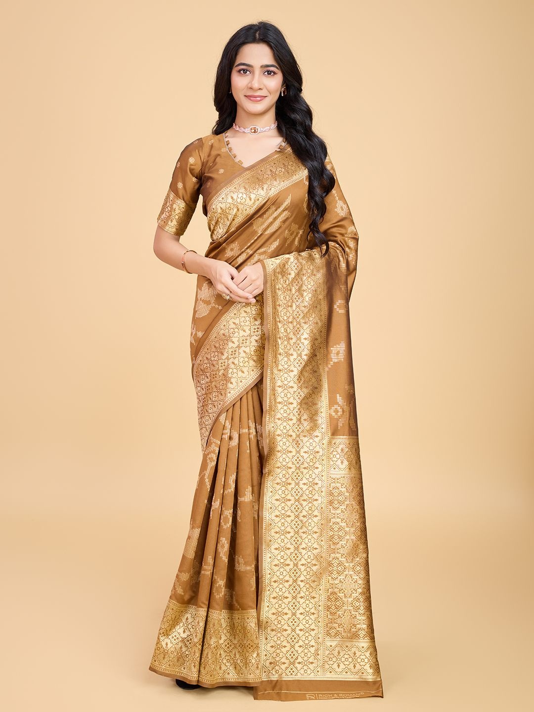 

RICH & ROMAN Woven Design Zari Pure Silk Banarasi Saree, Mustard