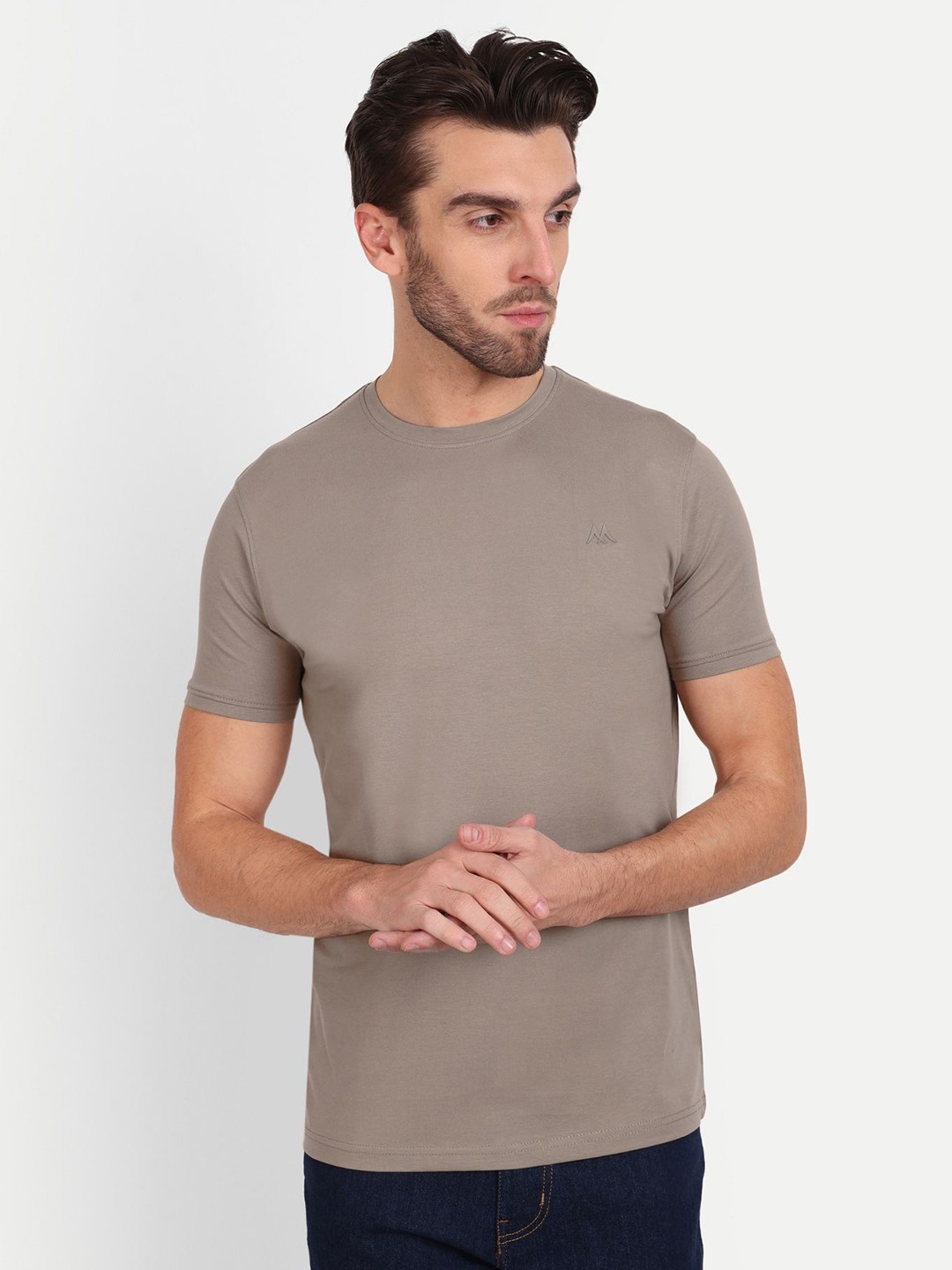 

MEGHZ Men Solid Round Neck Cotton Slim Fit T-shirt, Olive