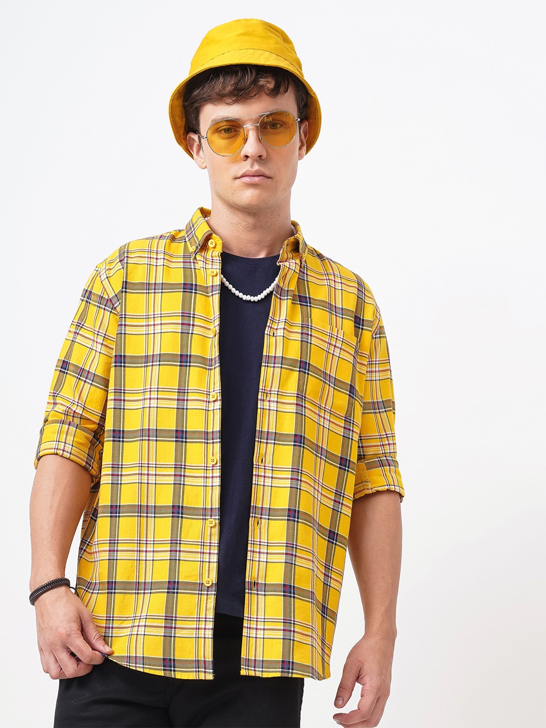 

British Club Men Standard Button-Down Collar Tartan Checked Cotton Casual Shirt, Yellow