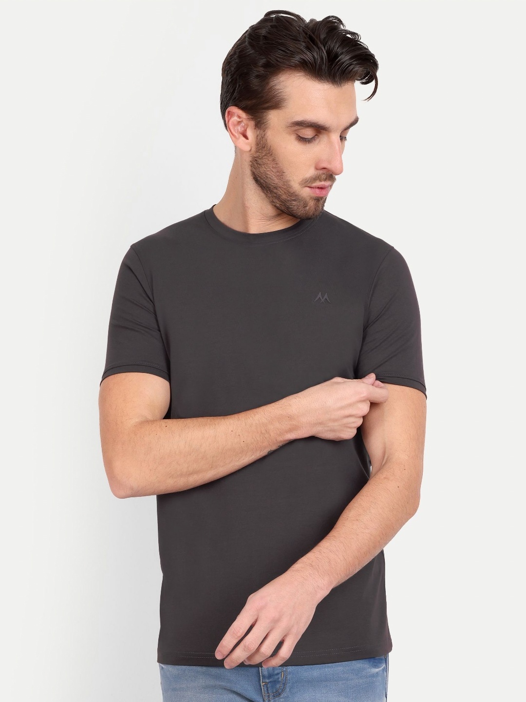 

MEGHZ Men Solid Round Neck Cotton Slim Fit T-shirt, Grey