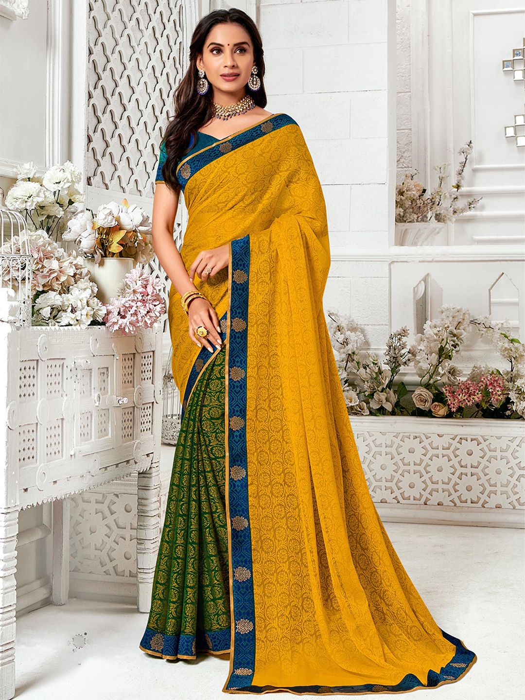 

Laxmipati Ethnic Motifs Printed Half and Half Saree, Mustard