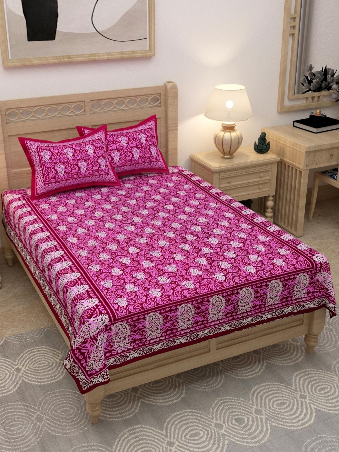 

Lali Prints Pink & White Ethnic Motifs Cotton 180 TC Single Bedsheet with 2 Pillow Covers