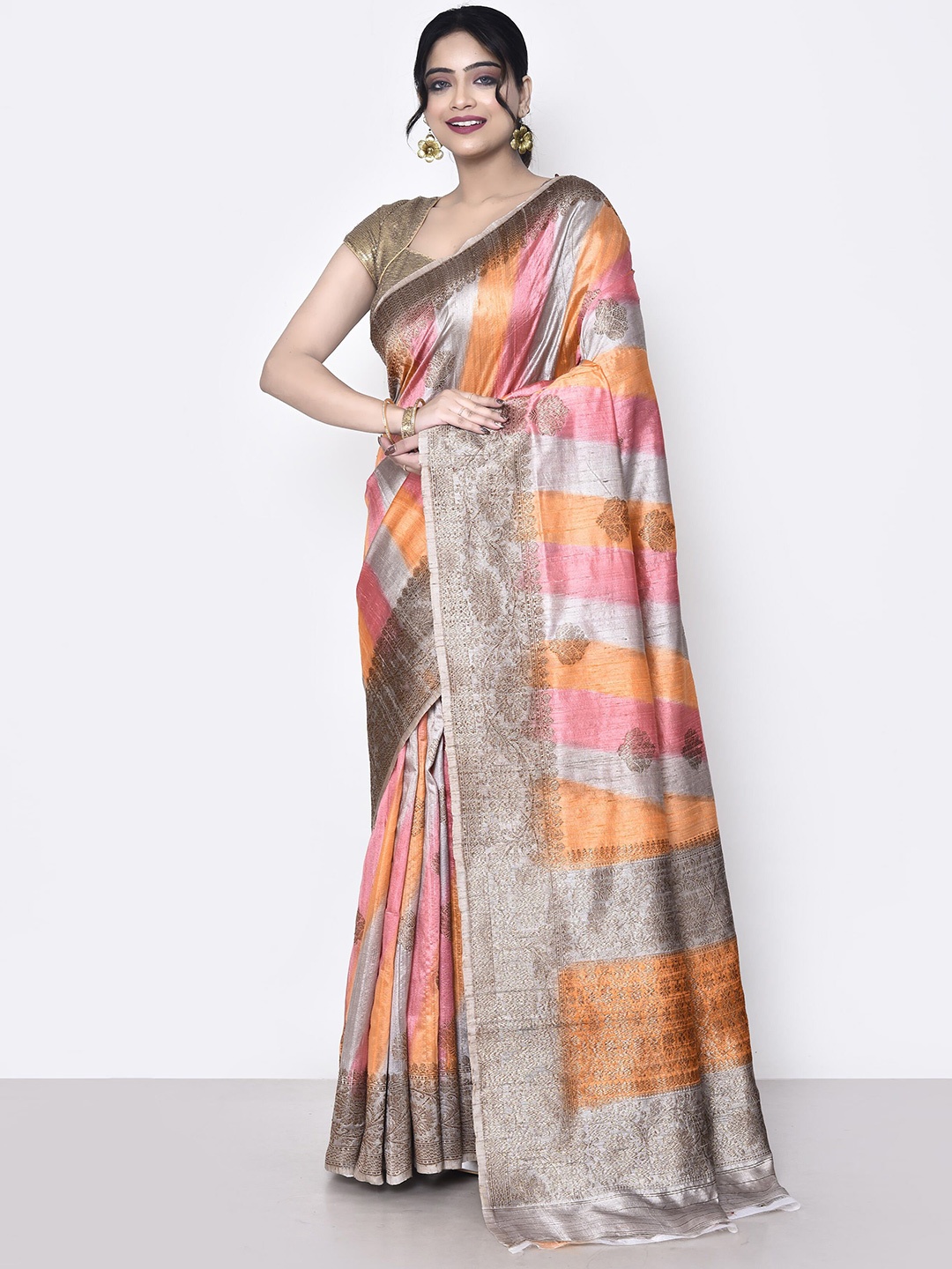 

SPRISH Ethnic Motifs Zari Pure Silk Tussar Saree, Peach