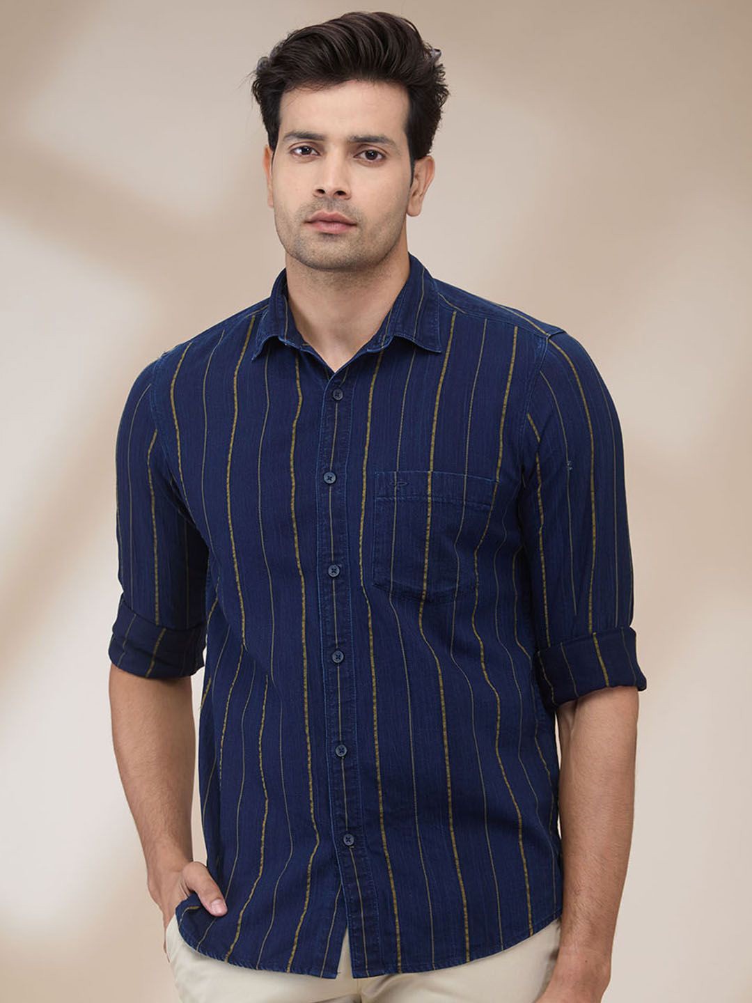 

ColorPlus Men Spread Collar Vertical Striped Cotton Casual Shirt, Blue