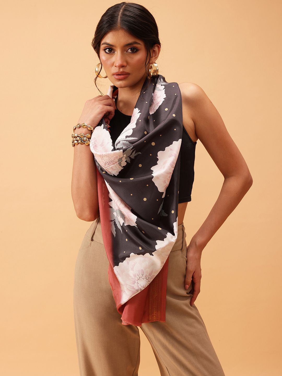 

Silk Land Women Printed Scarf, Black