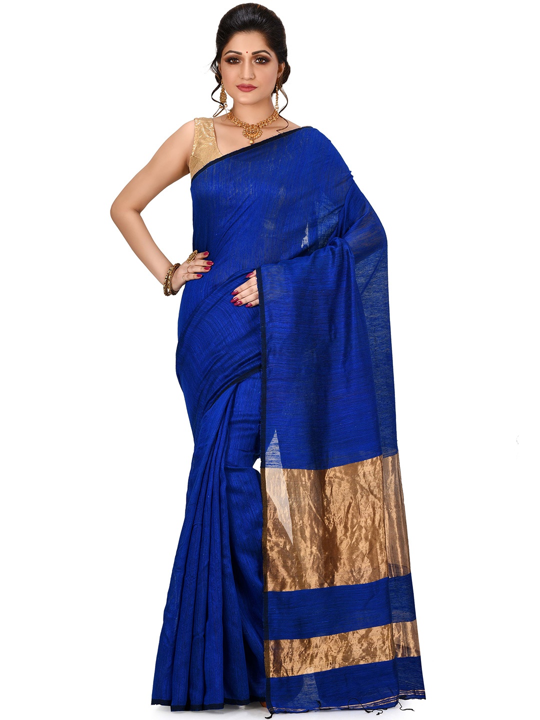 

SPRISH Pure Silk Solid Saree With Blouse Piece, Blue