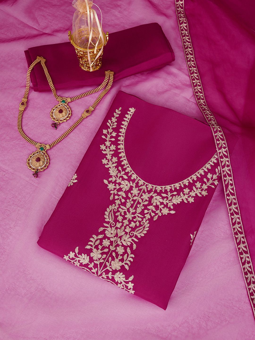

Inddus Floral Embroidered Unstitched Dress Material, Magenta