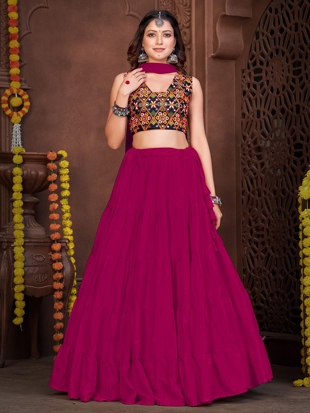 

KALINI Embroidered Thread Work Semi-Stitched Lehenga & Unstitched Blouse With Dupatta, Pink