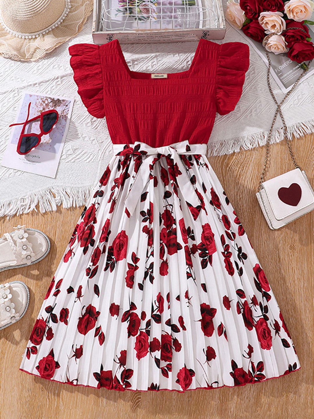 

INCLUD Girls Floral Printed Pleated Fit & Flare Dress, Red