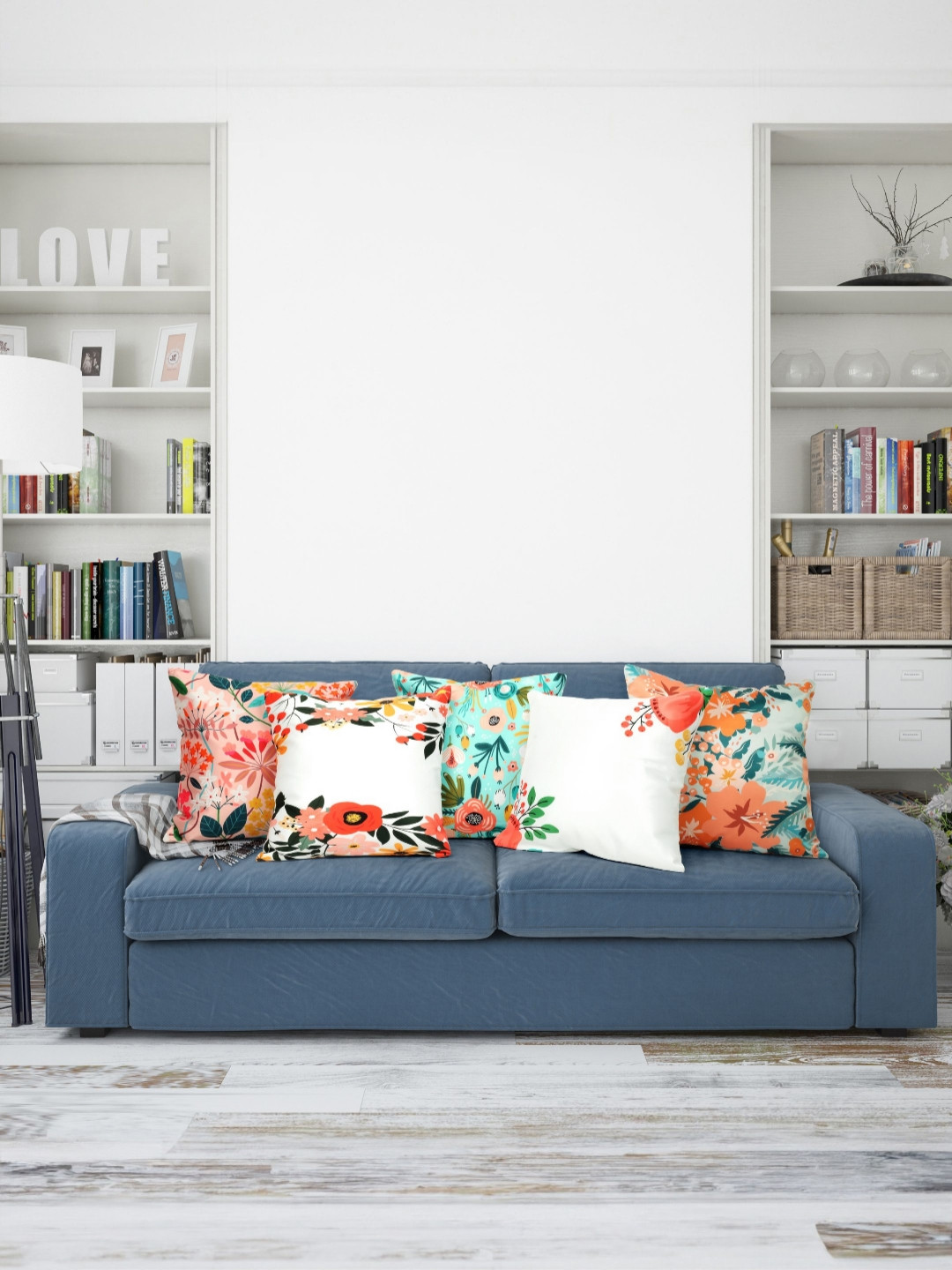 

Vendola White & Peach-Coloured 5 Pieces Floral Printed Satin Square Cushion Covers