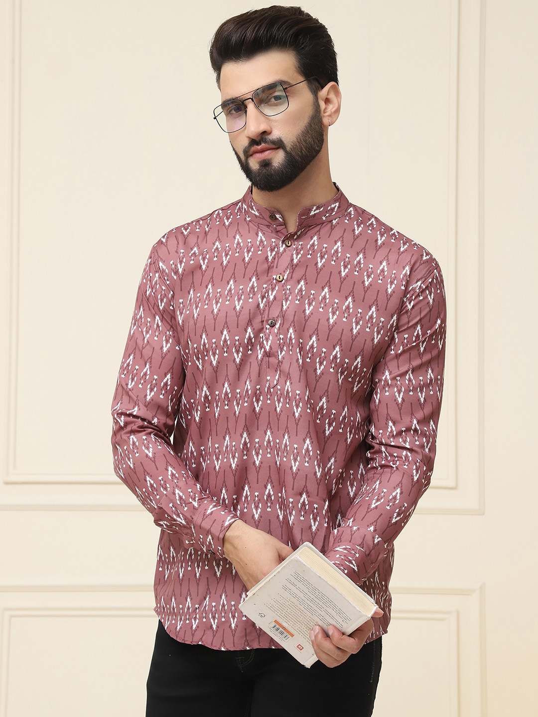 

SOJANYA Ethnic Motifs Printed Band Collar Cuffed Sleeves Pure Cotton Kurta, Brown