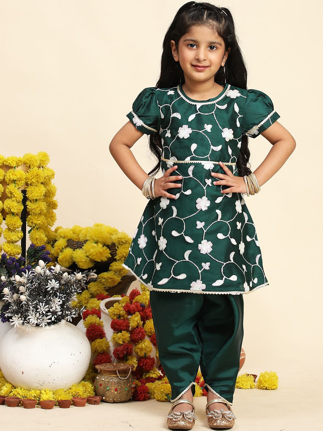 

Cutiekins Girls Floral Embroidered Regular A-Line Kurta With Dhoti Pants, Green