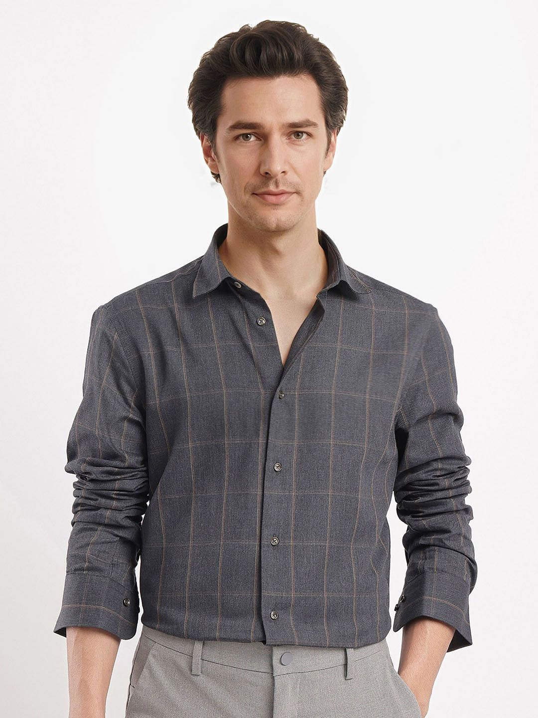 

RARE RABBIT Men Comfort Spread Collar Windowpane Checked Cotton Casual Shirt, Grey