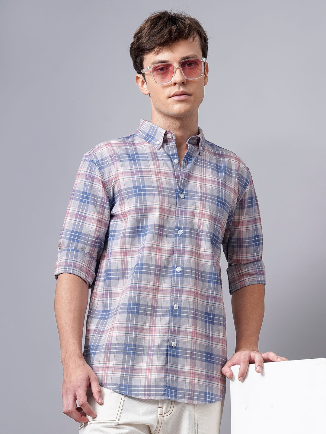 

British Club Men Standard Button-Down Collar Tartan Checked Cotton Casual Shirt, Blue
