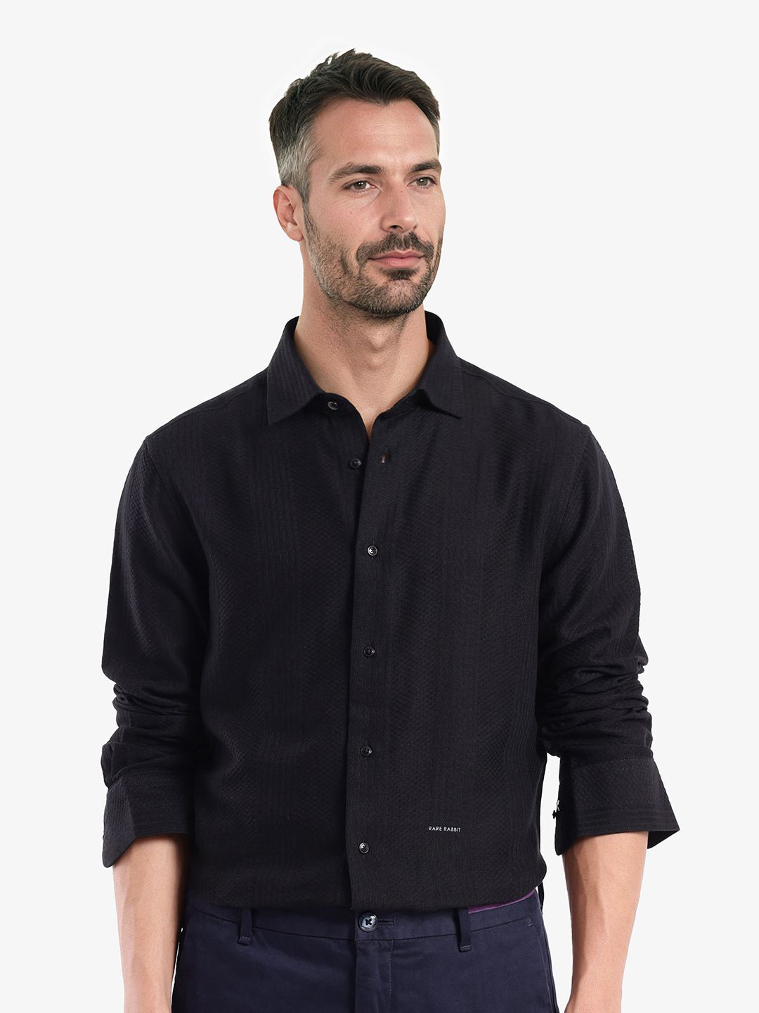 

RARE RABBIT Men Comfort Spread Collar Solid Cotton Casual Shirt, Black