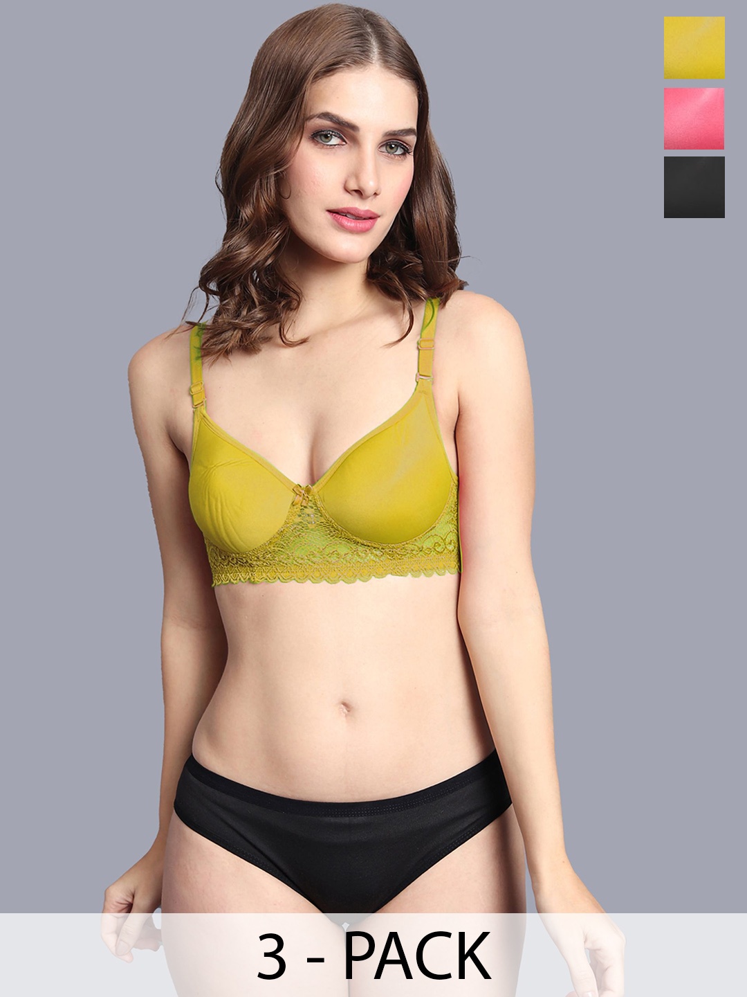 

AROUSY Women Pack Of 3 Self-Design Lingerie Set, Black