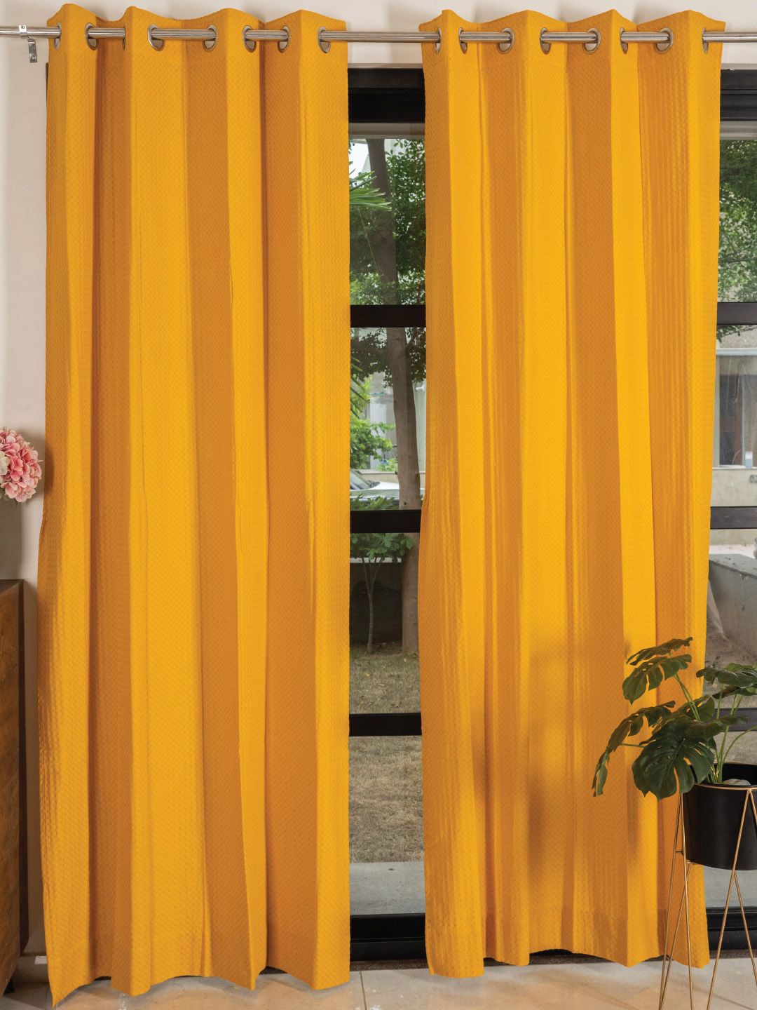 

URBAN SPACE Mustard 2 Pieces Self Design Cotton Door Curtain