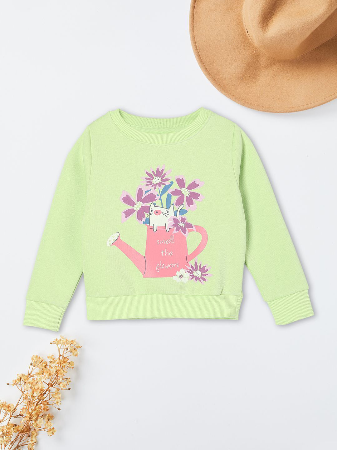 

max Girls Graphic Printed Round Neck Cotton Pullover Sweatshirt, Green