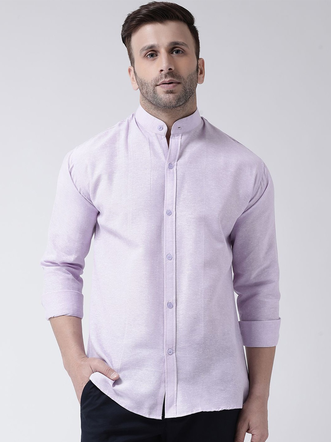 

KLOSET BY RIAG Men Classic Band Collar Solid Cotton Casual Shirt, Violet