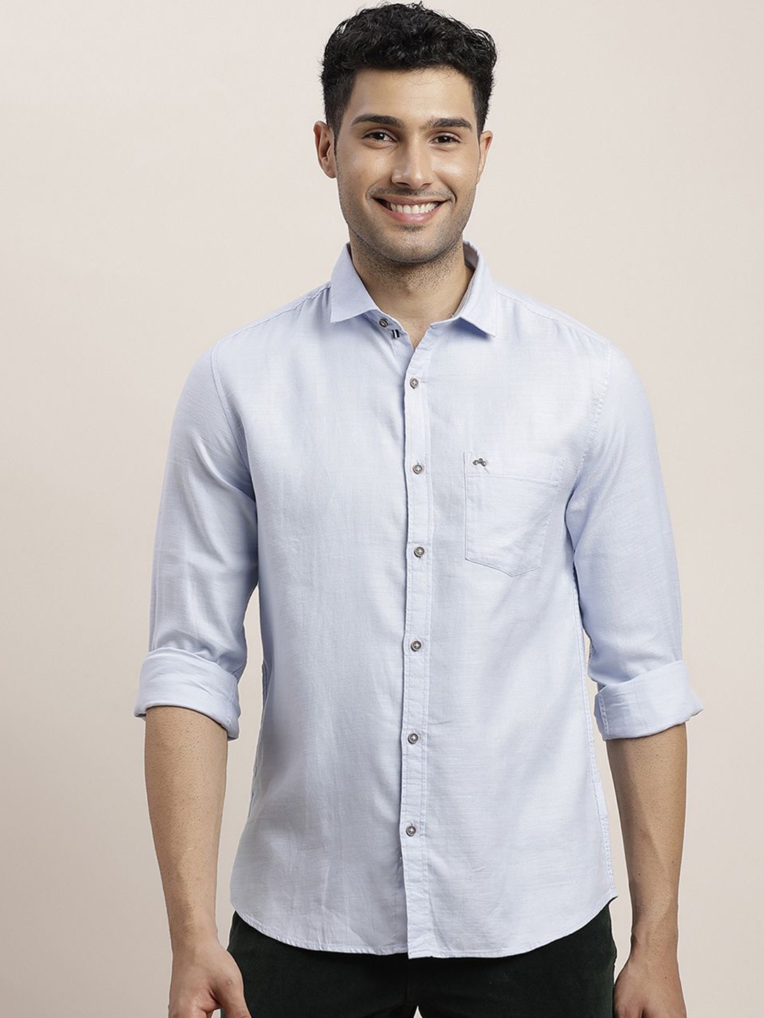 

Turtle Men Relaxed Spread Collar Solid Cotton Slim Fit Casual Shirt, Blue