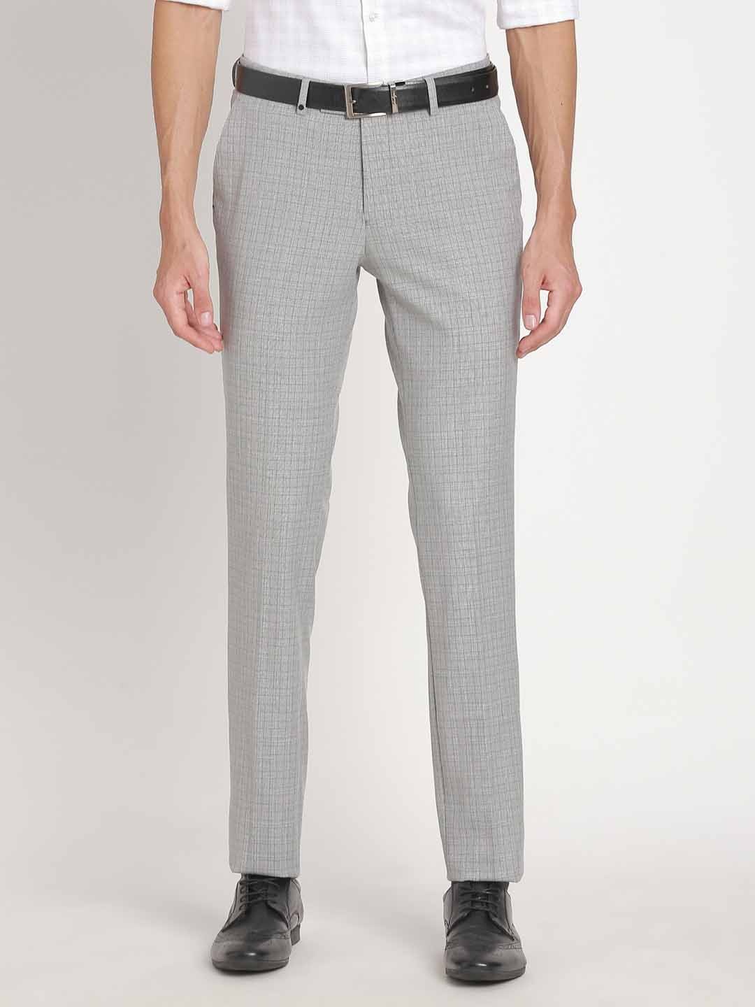 

Turtle Men Textured Checked Tailored Slim Fit Formal Trouser, Grey melange