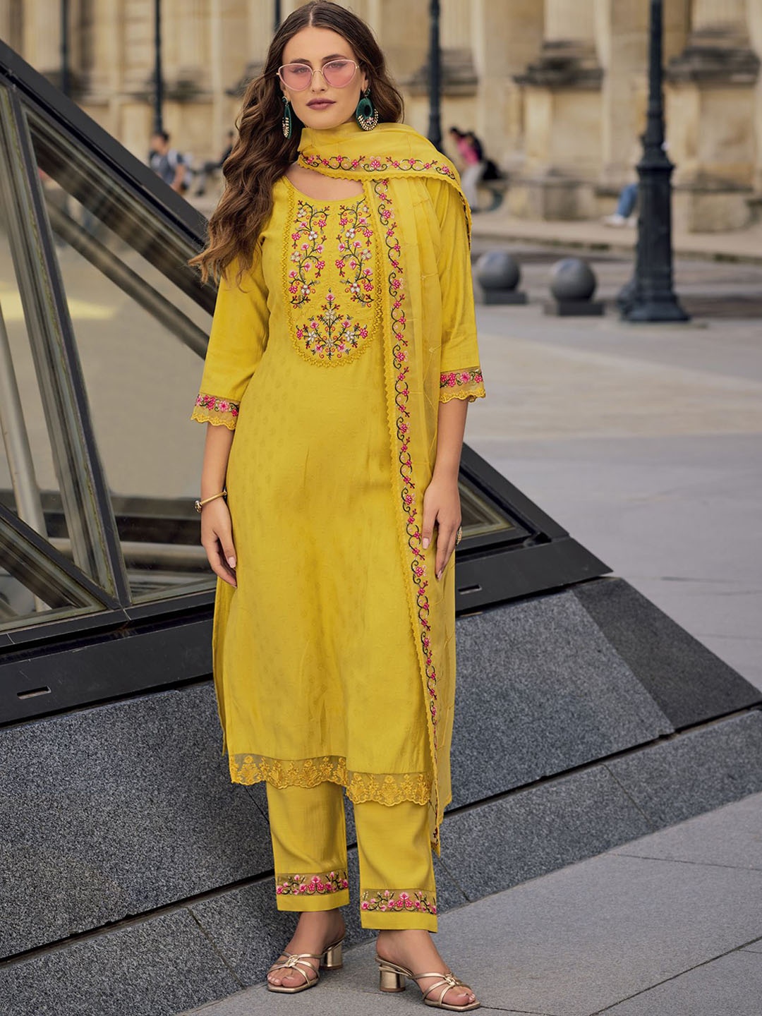 

MOJILAA Floral Embroidered Thread Work Round Neck Straight Kurta with Trousers & Dupatta, Mustard