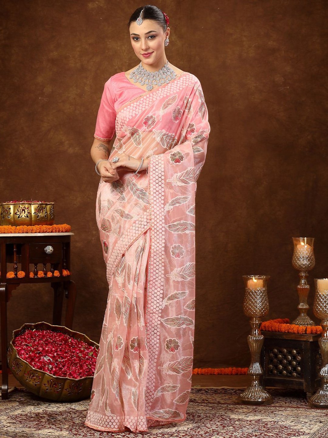 

Stylum Ethnic Motifs Embroidered Saree With Blouse Piece, Pink