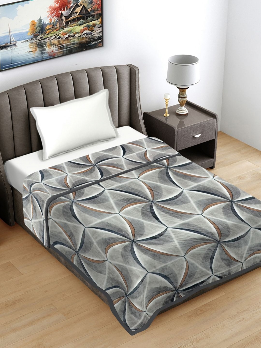 

FABINALIV Grey & Blue Abstract Printed Woollen AC Room 300 GSM Single Bed Blanket