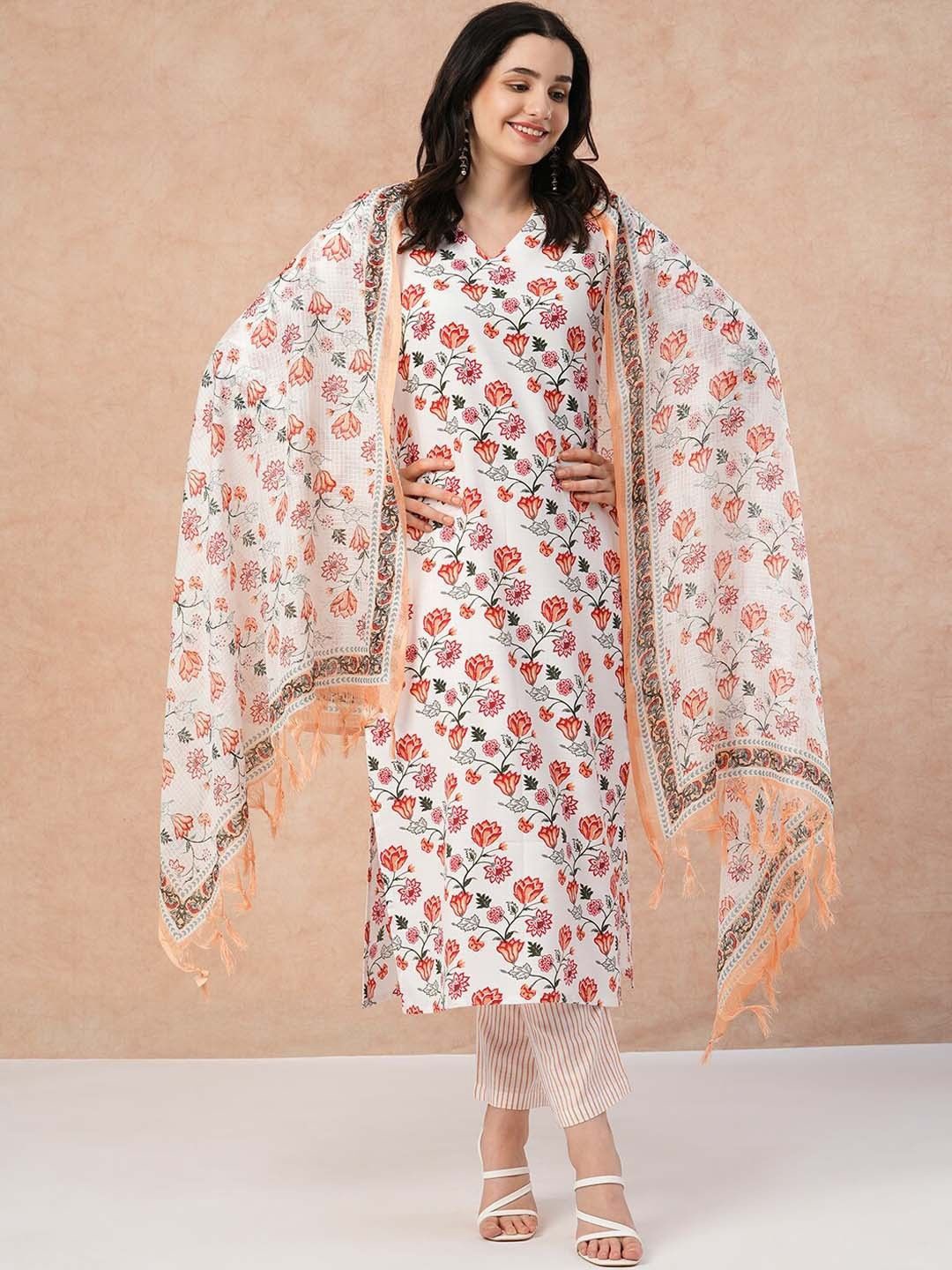

Anni Designer Floral Printed Straight Kurta With Trouser & Dupatta, White