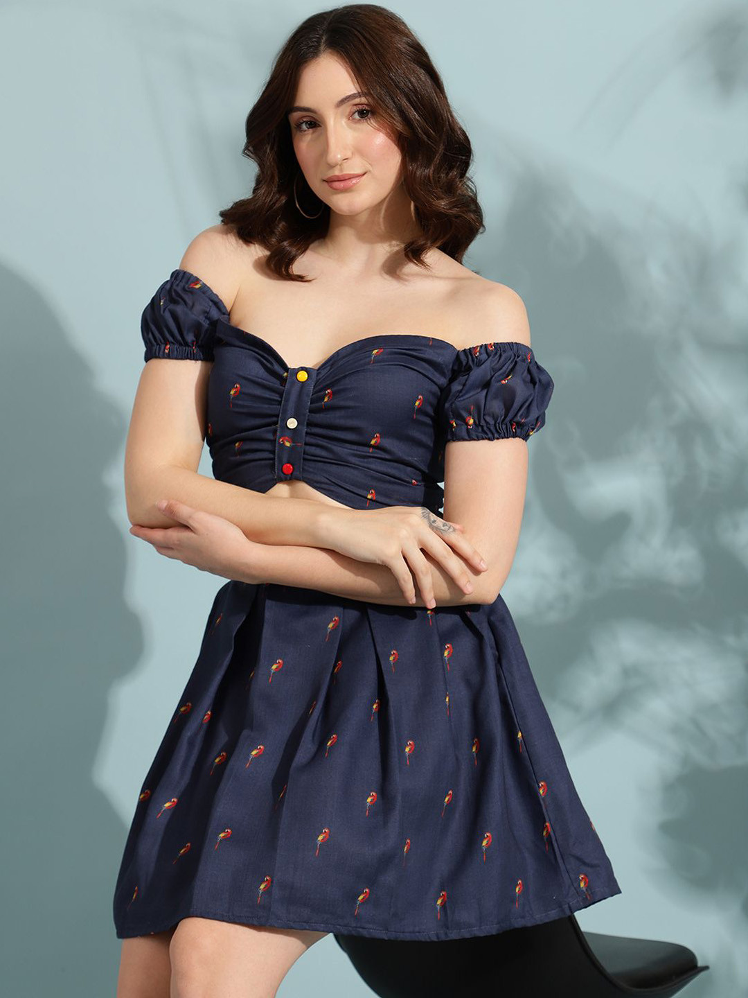

VIRAGO Conversational Printed Off-Shoulder Puffed Sleeves Pure Cotton Crop Top With Skirts, Blue