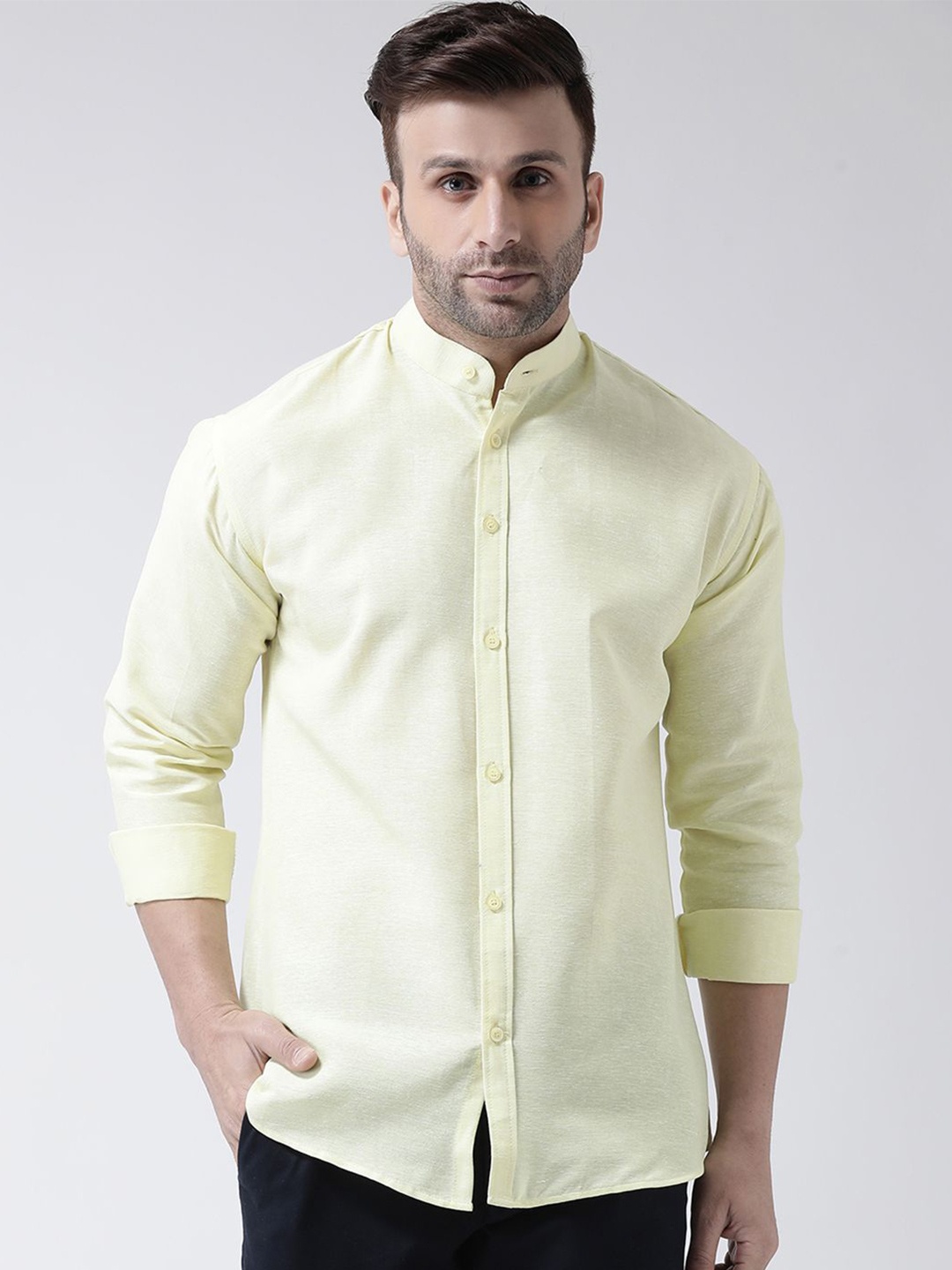 

KLOSET BY RIAG Men Classic Band Collar Solid Cotton Casual Shirt, Yellow