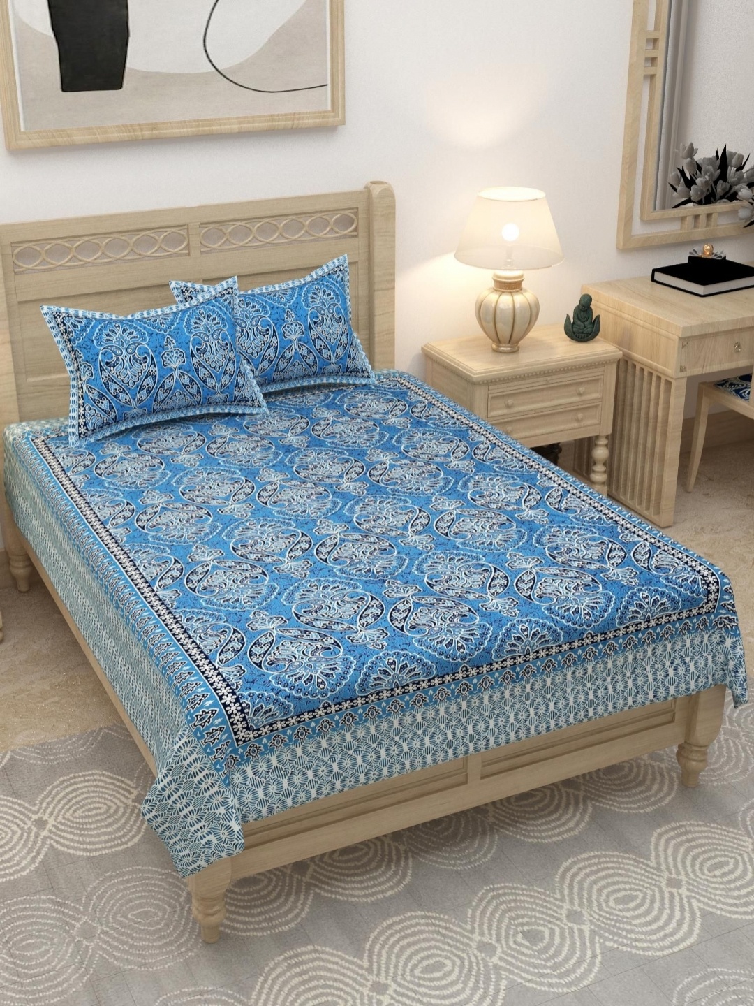 

Lali Prints Blue & White Printed 180 TC Cotton Single Bedsheet With 2 Pillow Covers