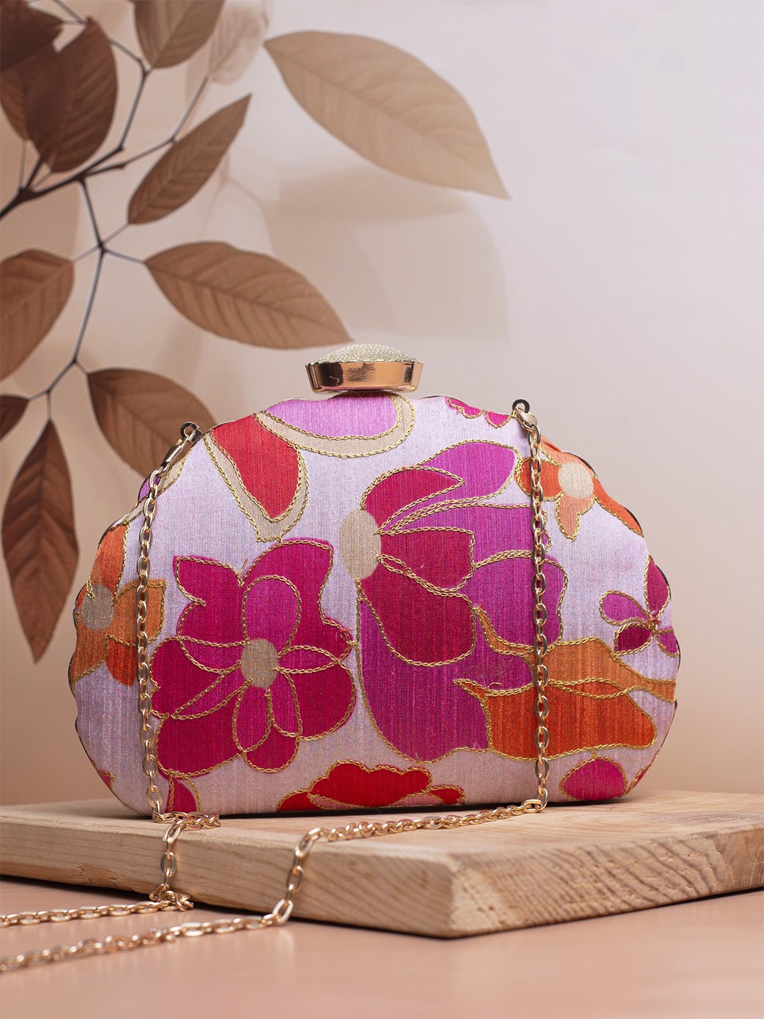 

ARTKLIM Floral Embroidered Box Clutch, Pink
