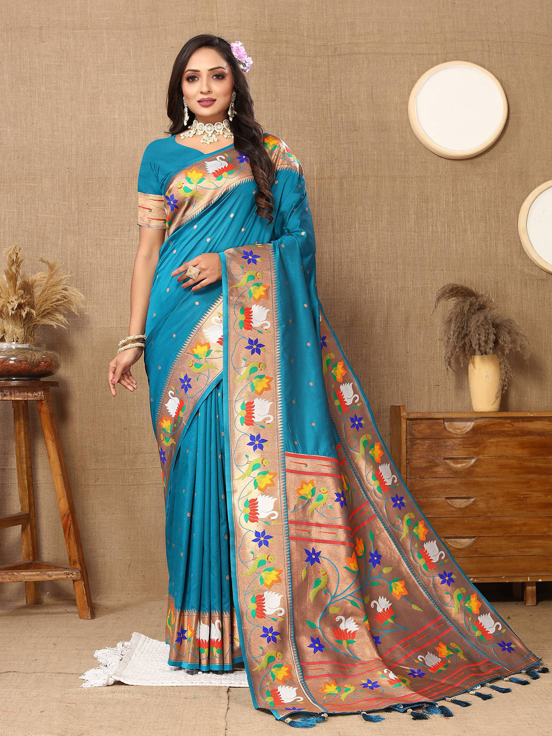 

Zeekha Kalamkari Zari Pure Silk Kanjeevaram Saree, Turquoise blue