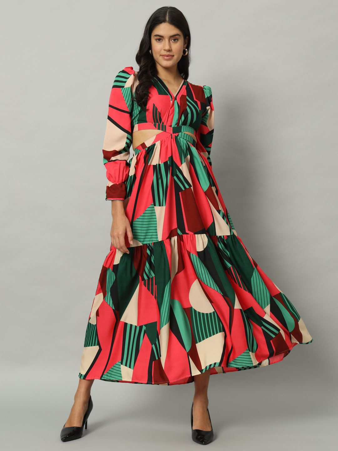 

ZWERLON Women Geometric Printed Gown Maxi Dress, Red